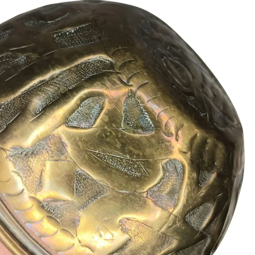 Vintage Hammered Brass Alms Finger Bowl Or Trinket Dish Embossed Designs 5